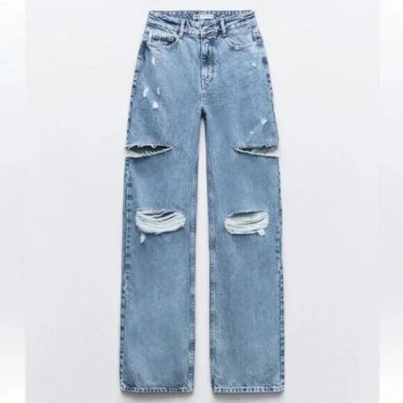 ZARA Z1975 MID WAIST RIPPED CUT OUT STRAIGHT LEG JEANS - Picture 1 of 3